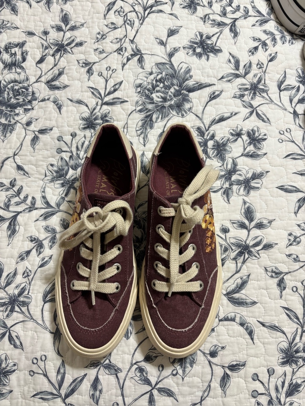 Women’s  Blowfish Burgundy Canvas Lace-Up Sneakers with Floral Embroidery